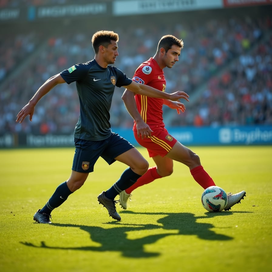 man in dynamic action, tackling and dribbling a football away from an opponent, wearing a sleek athletic jersey and shorts, under the bright lights of a stadium, with a blurred background of cheering fans and lush green grass.