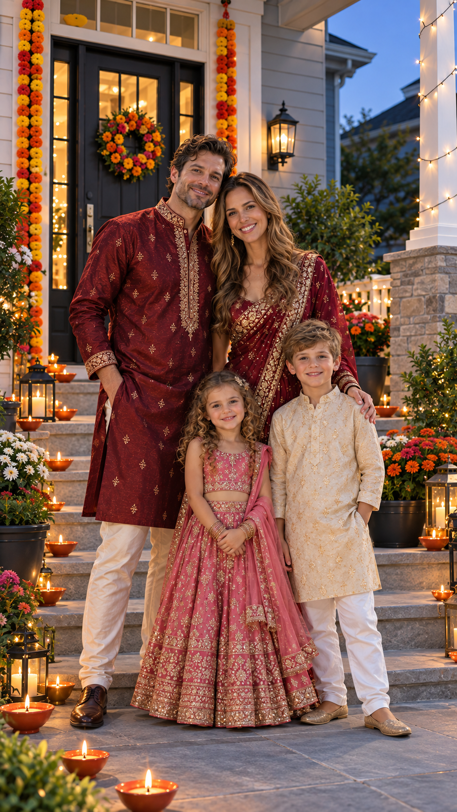 AI Diwali family photo of a family of four on a porch lined with diyas