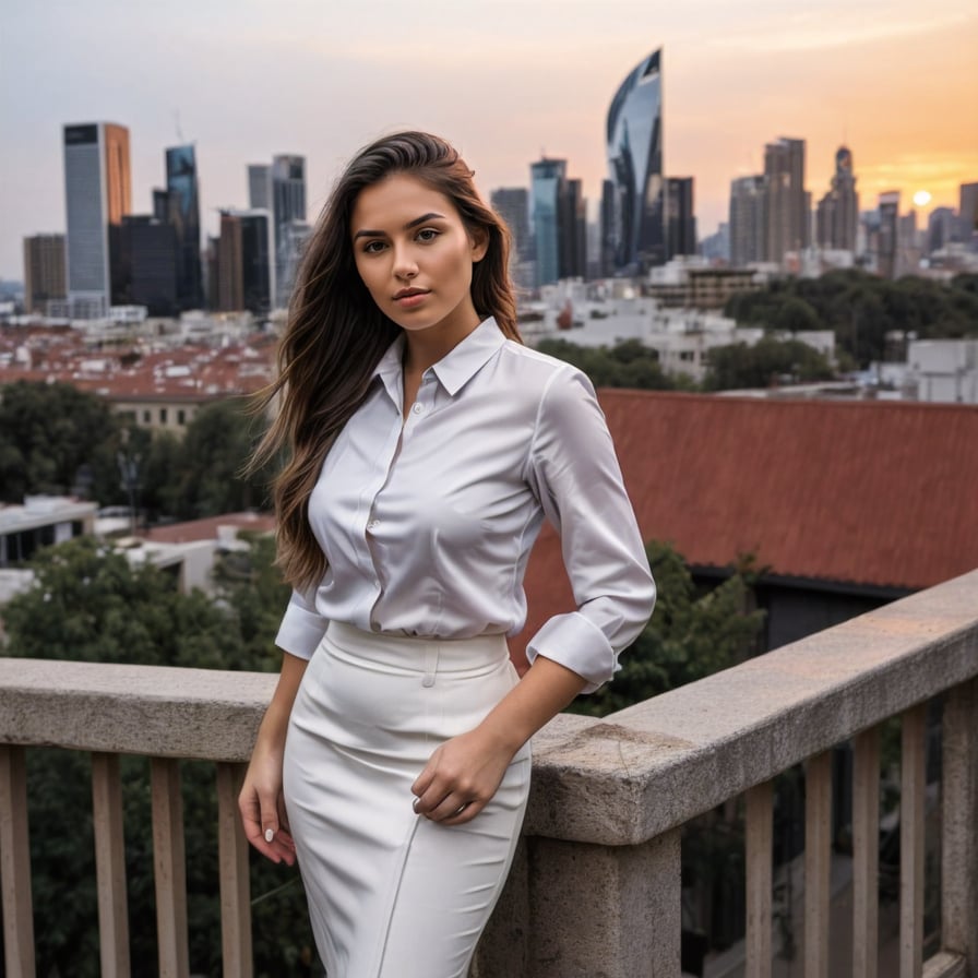 girl in a tailored suit, posing confidently, city skyscrapers in the background, sunset glow, luxurious atmosphere
