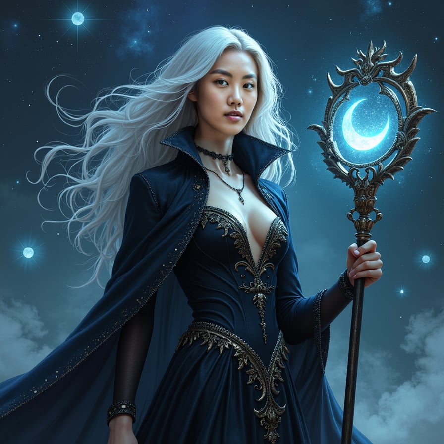 Illustrate a celestial vampire sorceress floating in a night sky filled with stars and swirling nebulas. Her long silver hair blends with the constellations, and her skin glows faintly as if reflecting moonlight. She wears a mystical gown with shimmering, galaxy-like patterns and holds an ancient, glowing staff with a crescent moon symbol. Her expression is serene but intense, and the stars around her pulse with an eerie, supernatural energy.