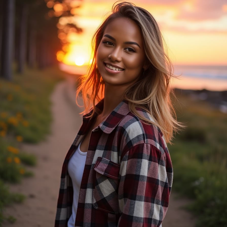 woman standing by a forest trail or beach at sunset. She is dressed in casual outdoor wear, like a flannel shirt or jacket, with her hair slightly windswept. Her smile is bright and carefree, reflecting her vibrant and adventurous personality