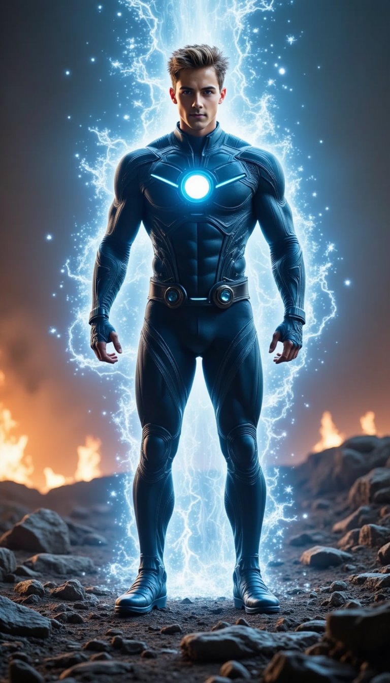 A powerful superhero figure stands at the center of a glowing energy core, with radiant pulses of light behind them. Their futuristic suit features subtle tech enhancements and glowing accents, as they look forward with fierce determination under a dramatic blue-orange glow.