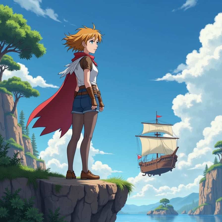 A fearless woman with short, windblown hair and a feathered cape, standing at the edge of a floating island. She watches the sky with a determined gaze, her airship waiting behind her as she prepares for a new adventure.