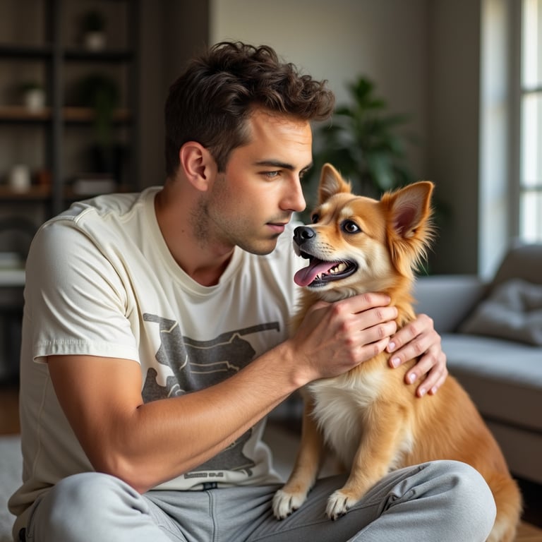 man in casual weekend attire, such as a graphic t-shirt and sweatpants, gently p
