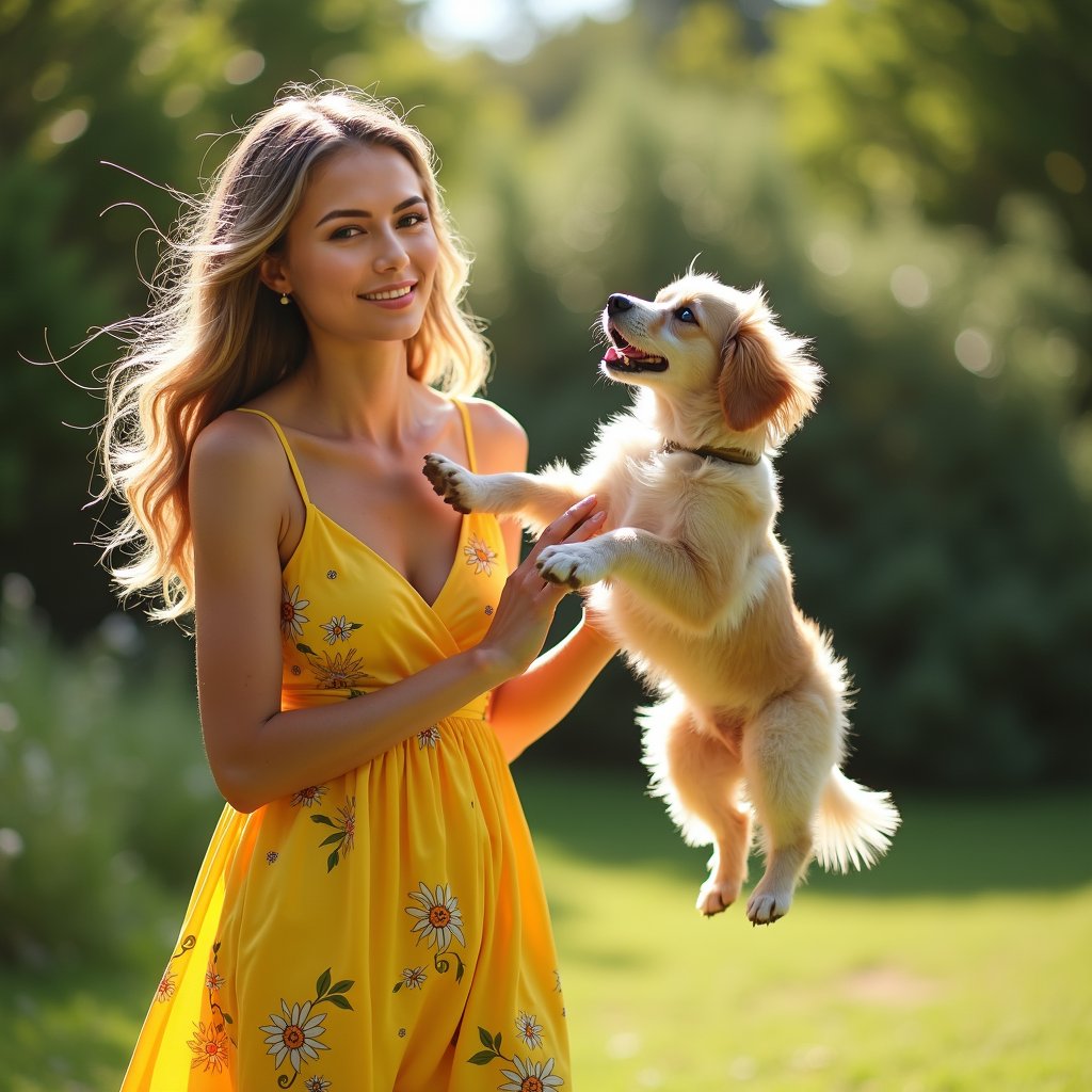 woman in bright yellow sundress with floral patterns, beaming with radiant happiness, basking in warm sunlight, surrounded by lush greenery, joyful expression, gentle smile, against a natural outdoor backdrop with trees and bushes, dog in mid-air, jumping from the ground towards her, playful and energetic, with sunlight casting a warm glow on the entire scene.