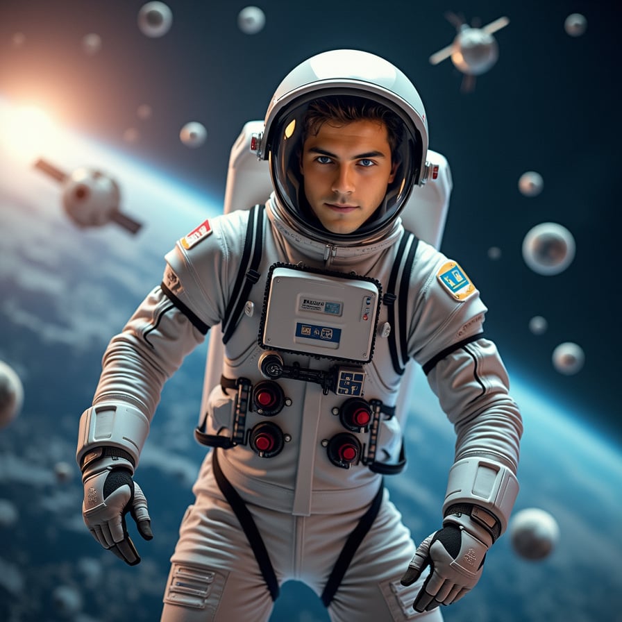man in astronaut attire, surrounded by floating satellites and celestial bodies, against a stunning backdrop of Earth from space, with a sense of weightlessness and futuristic technology