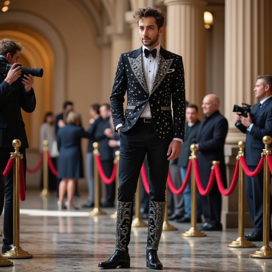 An androgynous Met Gala outfit for a man, mixing sheer fabrics, pearl-studded boots, and a dramatic feathered headpiece in a moody, artistic setting