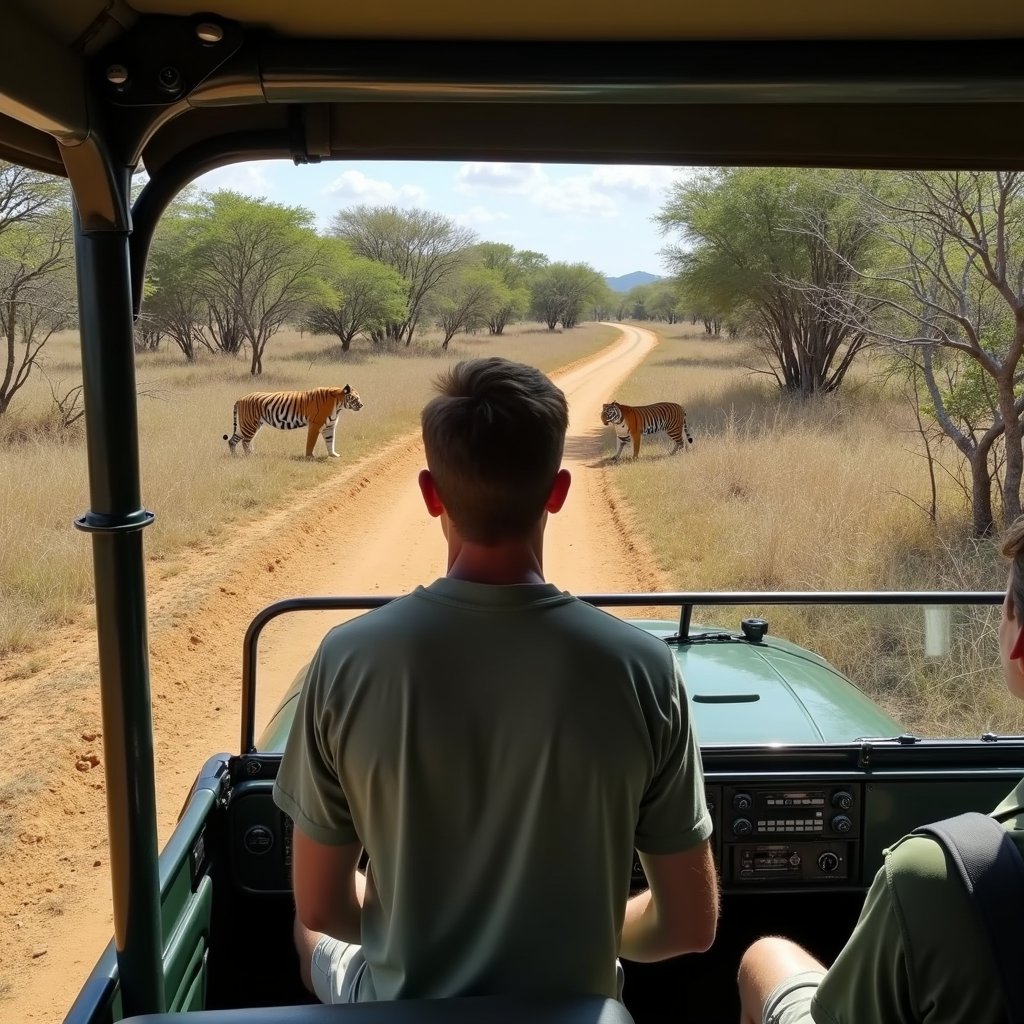 man standing in the back of the safari jeep looking at tigers far away