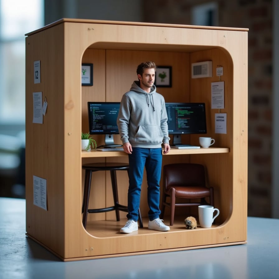 A hoodie-wearing figure at a mini standing desk with dual monitors, keyboard, coffee mug, and code notes stuck on the packaging wall.