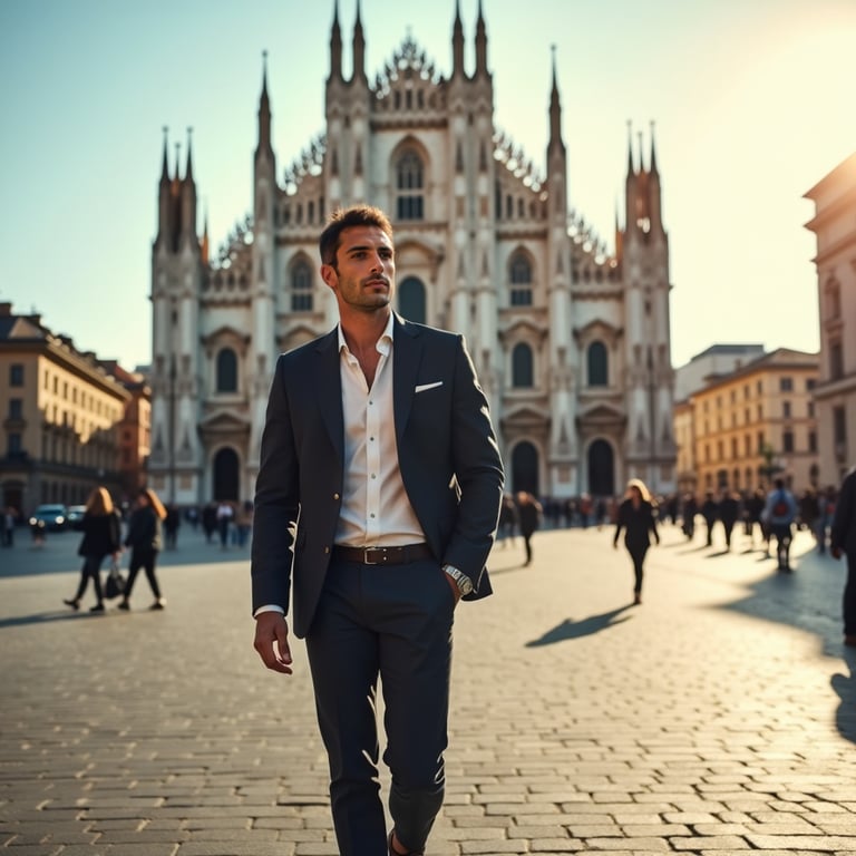 man standing in elegant attire, Duomo di Milano in the background, warm afternoo