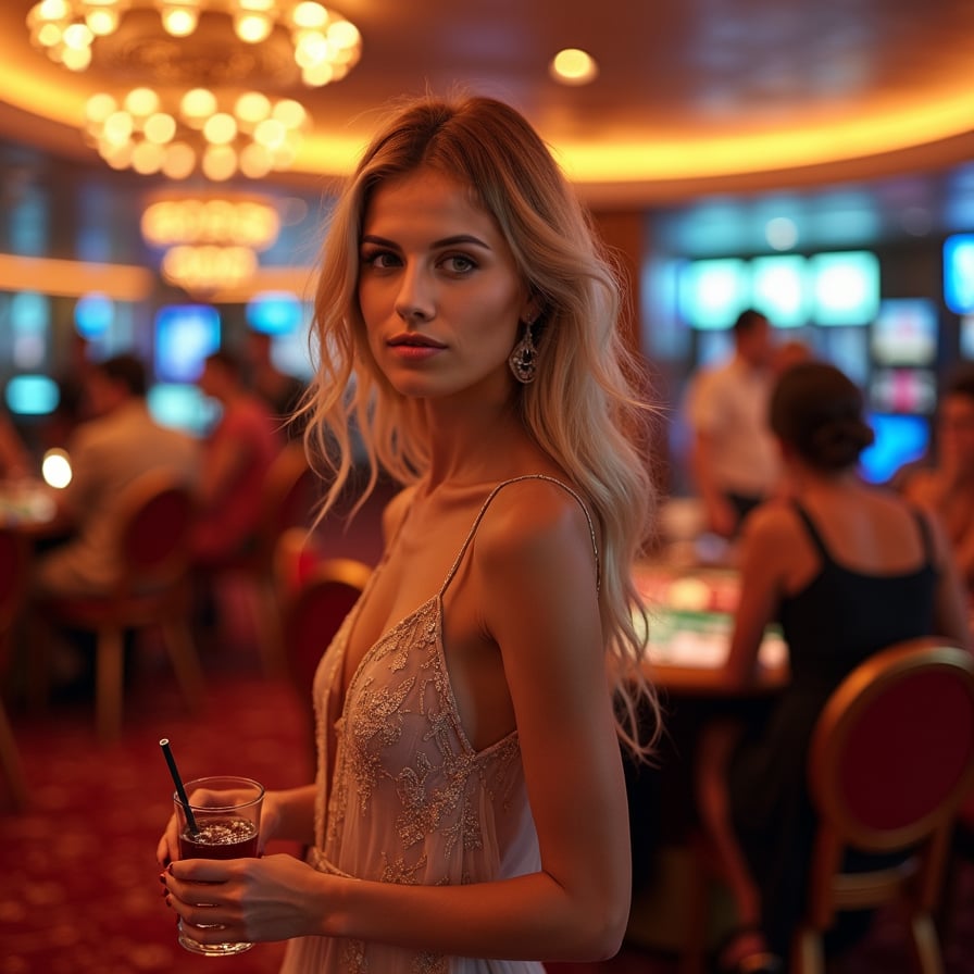 Casino Night: The model is in the ship’s casino, dressed in glamorous evening wear. She’s playing a game at the casino table or mingling with other guests, with the vibrant, sophisticated atmosphere of the casino adding to the scene.