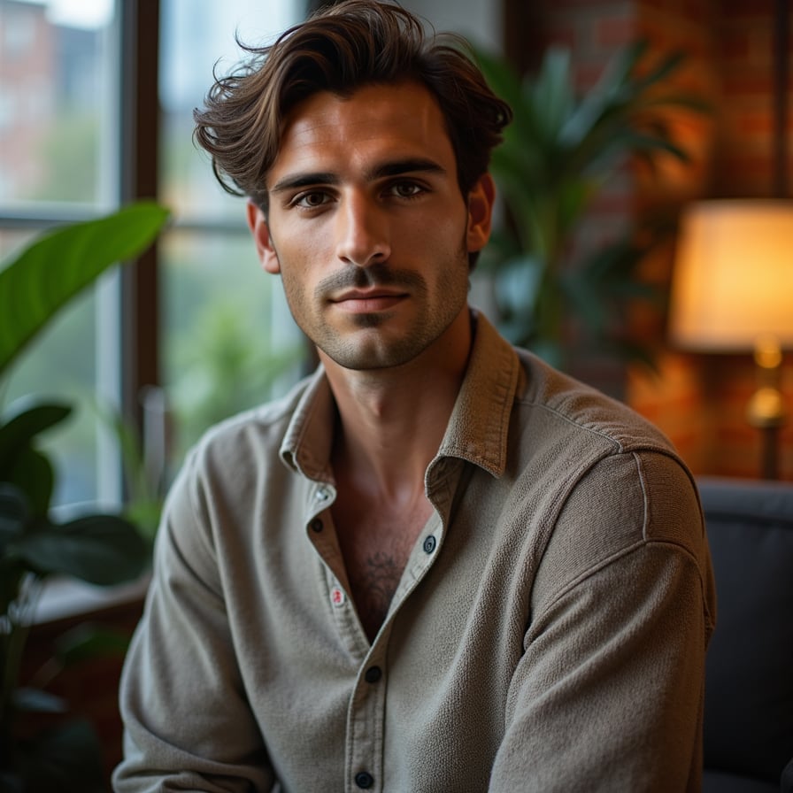 man with a relaxed vibe. He is wearing a stylish button-down shirt or knit sweater, with a warm, natural backdrop like a park or studio. The expression is friendly and confident, perfect for creators with a laid-back style