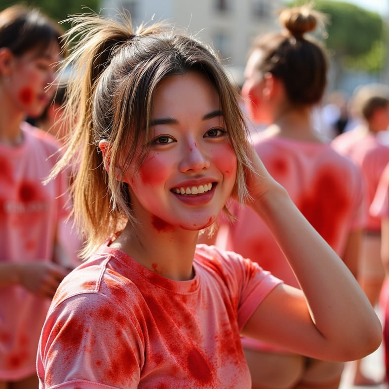 Headshot of a playful woman winking with tomato sauce smeared across one cheek, 