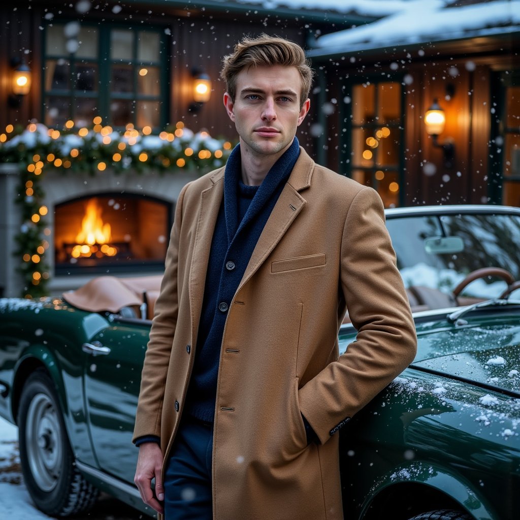 Man leaning against a deep-green vintage convertible parked near a pine-lined driveway, subtle snowfall. Hairstyle: slicked back with matte finish, short beard trimmed. Attire: camel wool coat, navy cashmere scarf. Fabric details: crisp wool texture, fine cashmere fibers. Camera: slightly low angle, 35mm, f/2.0 for cinematic perspective. Lighting: cool blue dusk ambient + warm reflection from nearby holiday lights. Background: blurred evergreen garlands wrapped around lampposts, faint glow of mansion windows. Pose: relaxed, one hand in pocket, the other on car edge. Render: highly detailed, highly realistic, HDR; reflections visible on coat buttons and car chrome.
