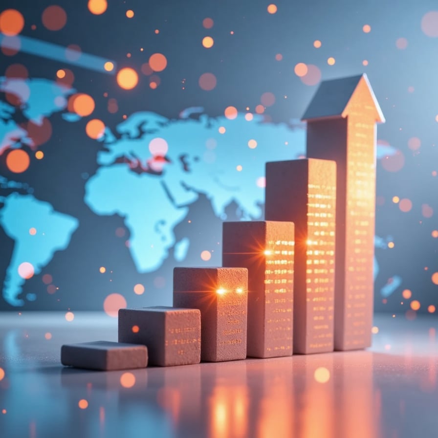 Minimalist 3D chart showing upward trend, digital interface, global map in background, modern business infographic style