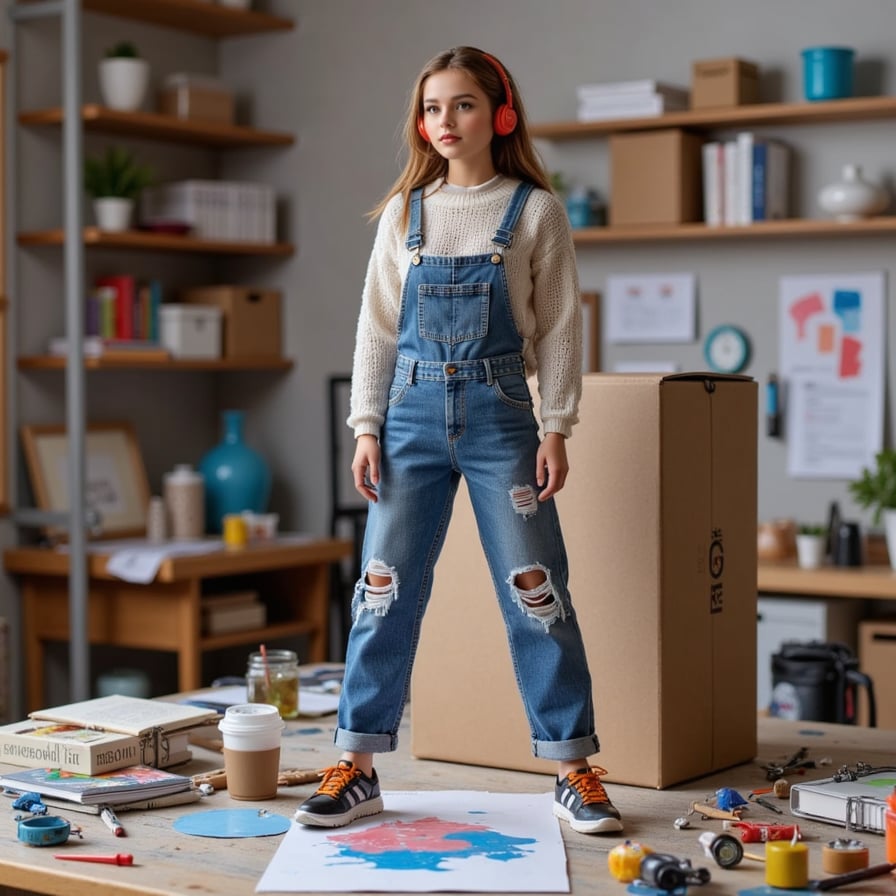 A stylish female action figure with paint-stained overalls, headphones on, standing in front of a cluttered craft table. Scattered around: paint tubes, a sketchpad, iced coffee, a mood board.
