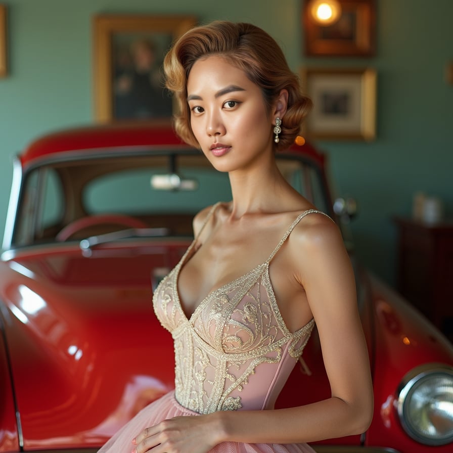 Vintage Glamour: The model is styled in retro 1950s attire, complete with classic hair and makeup. She stands in front of a vintage car or an old-fashioned café, her expression and posture exuding timeless elegance and grace.
