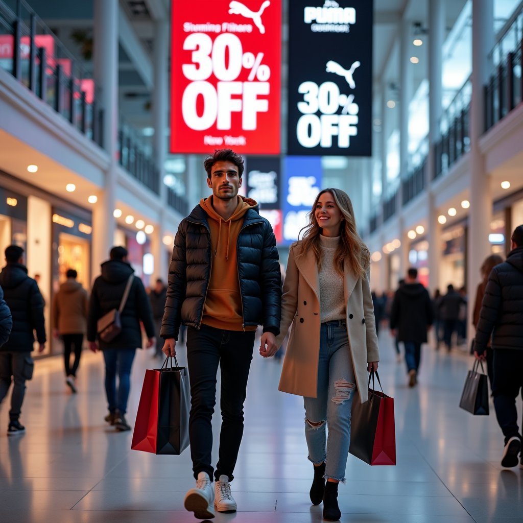 A  man walking confidently in a bustling shopping mall, holding several shopping bags. He is accompanied by either his close-knit family or a glamorous girlfriend dressed in trendy outfits. The scene includes a vibrant and modern interior with escalators in the background, and bright promotional banners advertising Black Friday sales. Prominent advertisements display offers like 'Puma: 30% OFF' and 'Adidas: 40% Discount,' creating a lively and energetic shopping environment