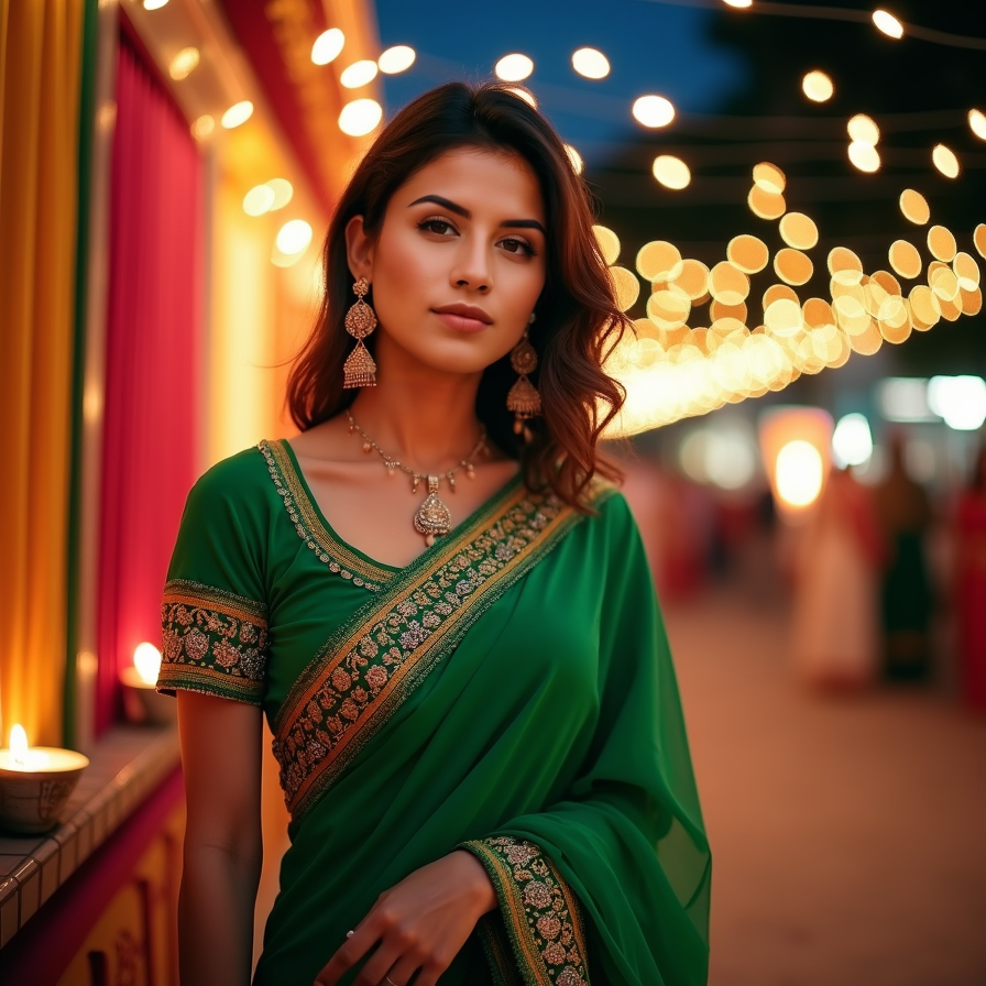 woman in a vibrant green saree, adorned with intricate embroidery and sequins, s