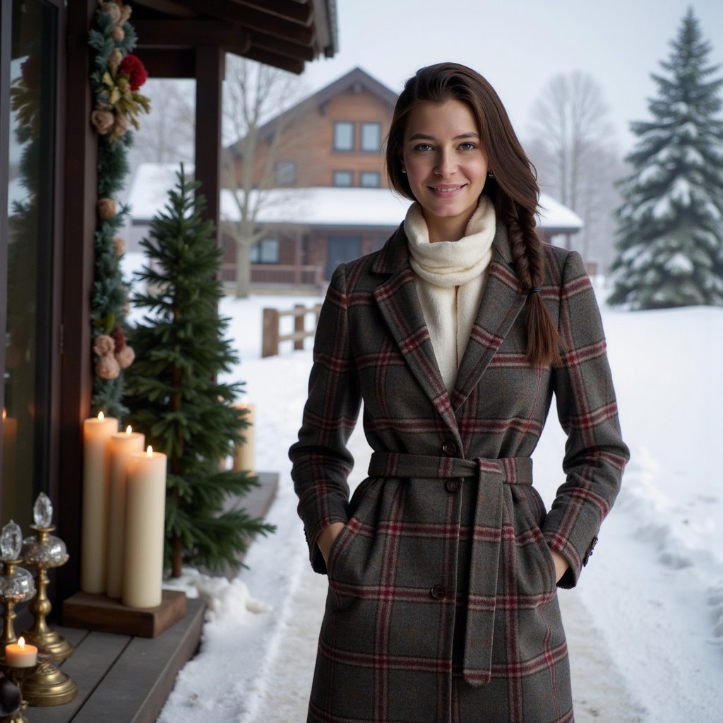 Woman standing on a snow-covered path lined with evergreens, soft overcast sky. Hairstyle: loose braid falling over shoulder, gentle wisps framing face. Attire: wool plaid wrap coat belted at waist, cream knit scarf, suede gloves. Fabric details: plaid pattern visible with soft wool grain, scarf texture defined, suede nap visible. Camera: eye-level, 50mm, f/2.2. Lighting: natural diffused daylight, cool tones with soft shadow. Background: blurred snowy trees and rustic lodge roof, minimal clutter. Pose: facing camera, slight smile, serene demeanor. Render: highly detailed, highly realistic, HDR; visible breath in cold air, snow crystals on fabric.