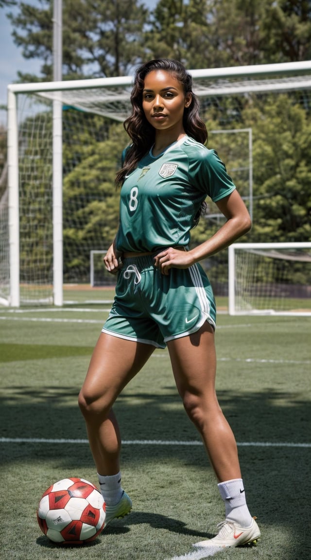 Athletic woman playing soccer, dynamic pose, sunlit field.