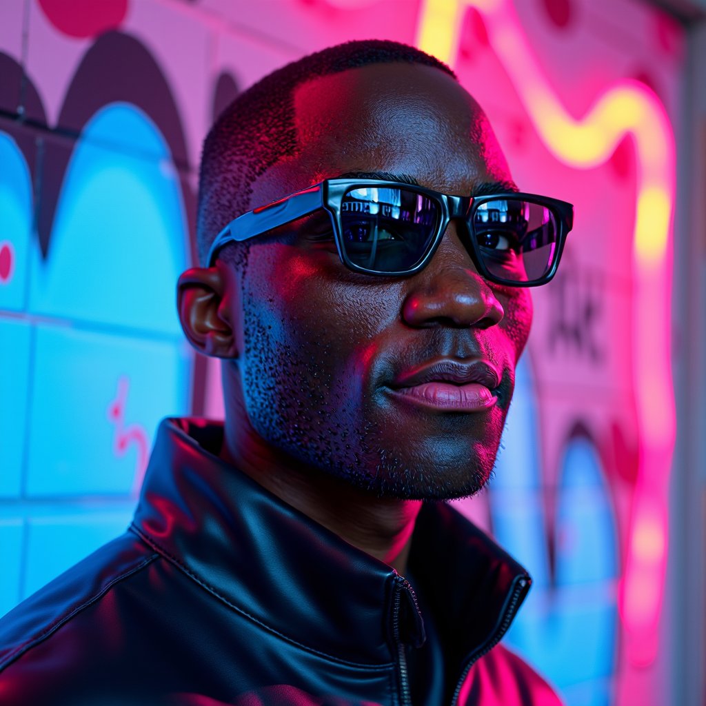 Tight headshot of a male model wearing reflective black sunglasses, slight facial stubble, and glossy skin. Standing against a neon graffiti wall softly blurred. Side-lit in blue and pink hues. Wet skin highlights visible, realistic stubble and facial pores captured sharply.