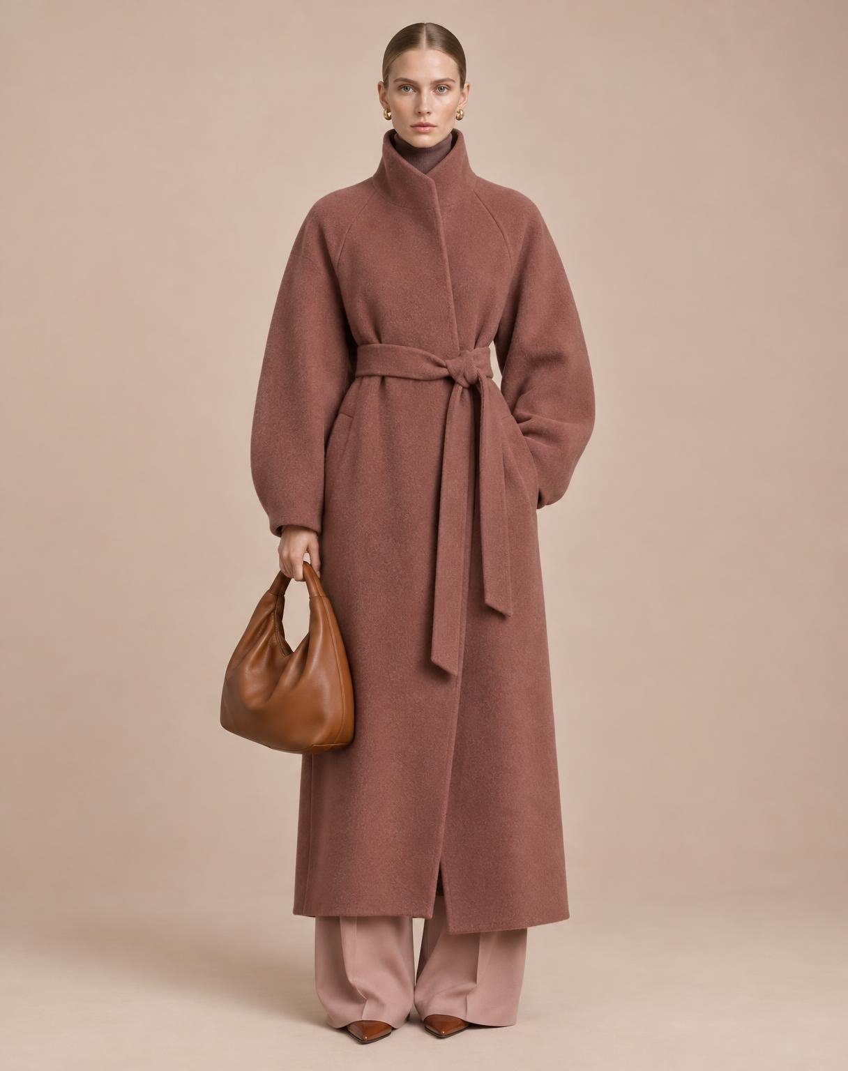 Minimalist luxury fashion lookbook photograph of a tall, poised model standing perfectly still, facing the camera with a calm, neutral, composed expression and light blue-grey eyes. Her light brown hair is slicked back into a sleek, tight low bun with a clean center part. She wears small gold sculptural huggie earrings and understated, natural makeup with a soft nude lip. She is dressed in an oversized, floor-length double-faced wool wrap coat in a rich terracotta-mauve (dusty rosewood) shade, with a high funnel collar, raglan sleeves, sculptural rounded sleeves, clean raw-edge seams and a loosely knotted self-tie belt at the waist. Underneath, a matching dark turtleneck is just visible at the collar. Wide-leg, pleated trousers in a soft dusty-pink fall to the floor, with pointed, glossy cognac-brown leather pumps peeking out at the hem. In one hand she holds a soft, slouchy hobo-style handbag in smooth cognac-tan leather with a rolled top handle.
Setting and background:
A seamless, warm blush-beige studio backdrop with a soft gradient and no props. A gentle floor shadow grounds the figure. Minimal, quiet and clean.
Lighting and mood:
Soft, diffused, even studio lighting from the front with subtle shading that reveals the wool’s drape and sculptural volume. Understated, refined, timeless and “quiet luxury,” like a lookbook for a high-end label such as The Row, Max Mara or Loro Piana.
Color palette:
Monochromatic warm earth tones: rosewood, terracotta, dusty pink, cognac and blush beige, with small touches of gold from the earrings.
Technical details:
Vertical full-length composition, centered and symmetrical framing, 70mm lens at f/5.6, razor-sharp focus from head to toe, hyper-detailed wool texture, leather grain and fabric folds, minimal retouching, fashion catalog quality, 8K.
