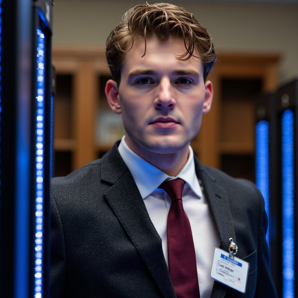Three-quarter portrait, 35 mm f/2.8. Man in early 30s, medium skin, short neat hair. Charcoal suit with subtle metallic thread, ID badge clipped to lapel. Standing between blue-lit server racks. Lighting: cool blue ambient with warm camera-side fill. Background: racks fading into blur.