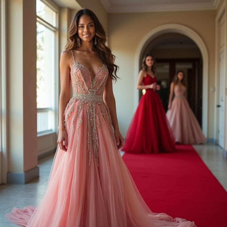 Red Carpet Glam: The model is on a glamorous red carpet event, dressed in a show-stopping gown. With flashing cameras and a backdrop of photographers, she faces the camera confidently, showcasing the ultimate in red-carpet elegance.