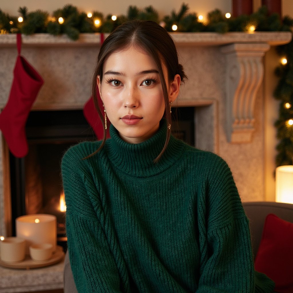 Headshot photo of a woman seated slightly angled to camera (rule-of-thirds framing, not centered), chin gently lowered, soft half-smile. She wears a deep-green cashmere turtleneck with fine ribbing and subtle pilling detail; delicate gold hoop earrings and a thin chain necklace. Hair: glossy loose waves tucked behind one ear. Makeup: warm neutral tones, soft brown liner, dewy skin, subtle highlight on cheekbones. Lighting: warm firelight key from camera-left, dim practicals in background, gentle rim light from a table lamp to separate hair from backdrop. Background: stone fireplace with a discreet garland and two matte red stockings, minimal clutter, soft bokeh fairy lights; shallow depth of field. Camera: 85mm lens, f/1.8, eye-level; highly detailed, highly realistic, HDR; skin texture natural, knits show thread grain; no motion, serene, editorial quality.