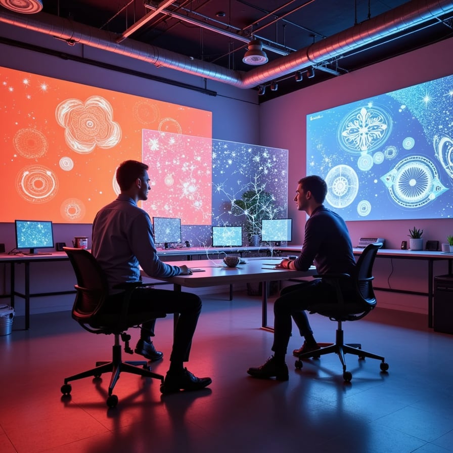 Conceptual visual of future design studio powered by AI, glowing screens, holographic images forming in the air, designers reviewing AI-generated visuals, sci-fi tone but clean




