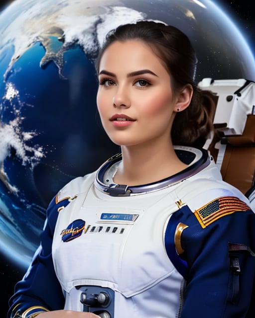 Female astronaut in spacecraft, reflective visor, starry surroundings.