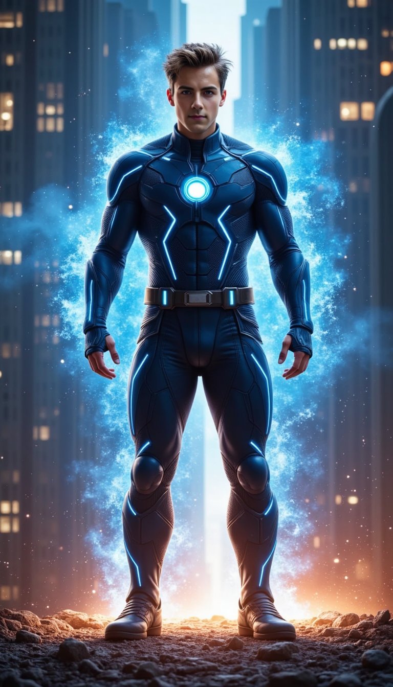A powerful superhero figure stands at the center of a glowing energy core, with radiant pulses of light behind them. Their futuristic suit features subtle tech enhancements and glowing accents, as they look forward with fierce determination under a dramatic blue-orange glow.