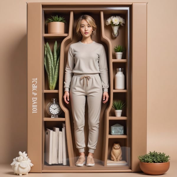 Woman in activewear, with a water bottle, plants, and crystals around her — serene colors and zen mood