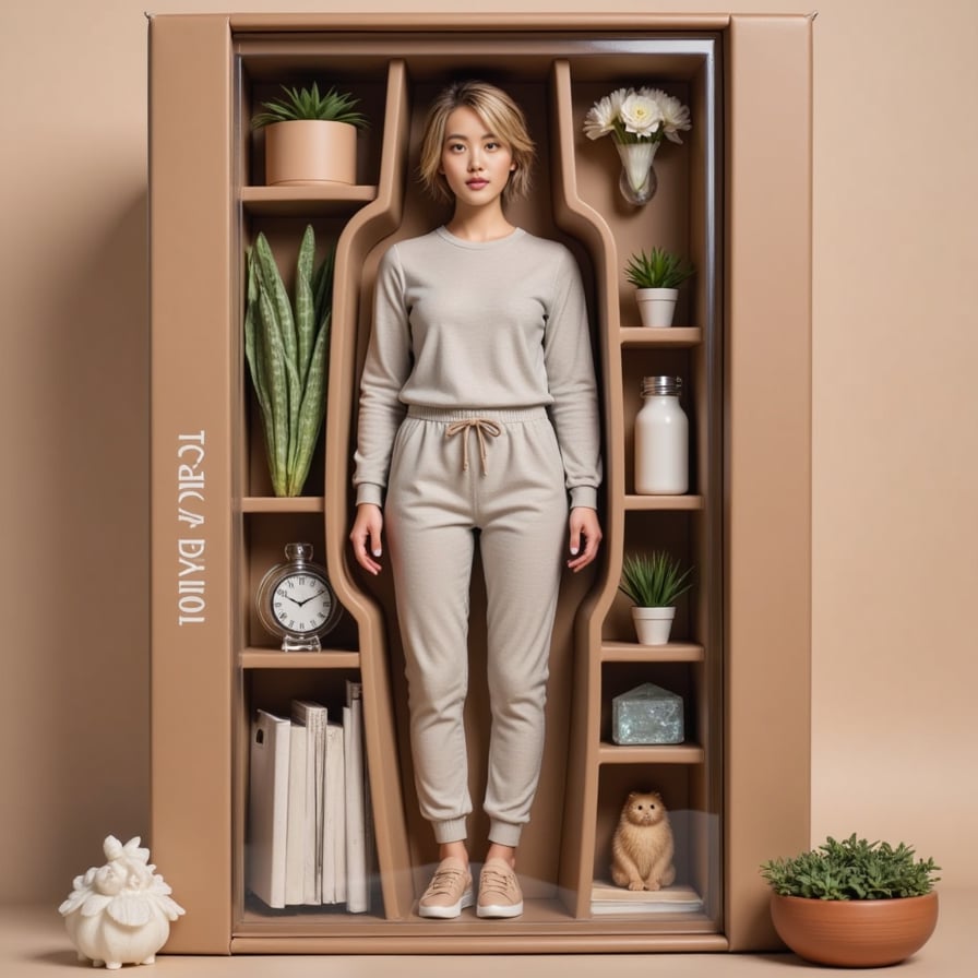 Woman in activewear, with a water bottle, plants, and crystals around her — serene colors and zen mood