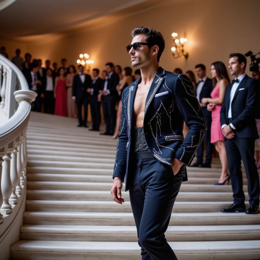 A sleek, tech-inspired Met Gala outfit: holographic trench coat, LED-lined lapels, and augmented reality glasses, styled with futuristic jewelry.
