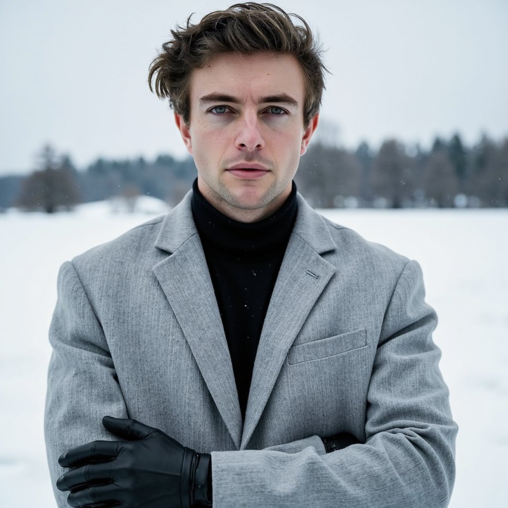 A man with tan skin and sharp jawline is captured waist up in a high-fashion editorial style in a snowy open field. He has medium-length, slightly messy dark hair swept back, a short groomed beard, and intense eyes facing slightly away from the camera, giving a serious, editorial expression. He wears a long, tailored light gray overcoat with a structured shoulder line over a black turtleneck, and a thin black leather glove on one visible hand resting lightly on his coat lapel. The coat fabric has visible fibers and precise seams.
Camera angle is three-quarter view, positioned slightly to his right and at chest height, so we see one side of his face more prominently. Lighting is soft and overcast, typical of a cloudy winter day, with gentle, diffuse light evenly illuminating his features and creating a subtle contour on his face. The background consists of a vast snowy field with faint, blurred silhouettes of bare trees in the distance, kept very minimal, with a shallow depth of field so the main focus is on his face and outfit.
Snow is settled lightly on his coat shoulders and hair, with a few individual flakes crisp near his collar. His skin shows subtle pores, natural shadows under the eyes, and a realistic sheen on the lips. The overall look is clean, minimal, high-end fashion in winter, highly realistic, highly detailed, HDR, high resolution cinematic winter fashion portrait.