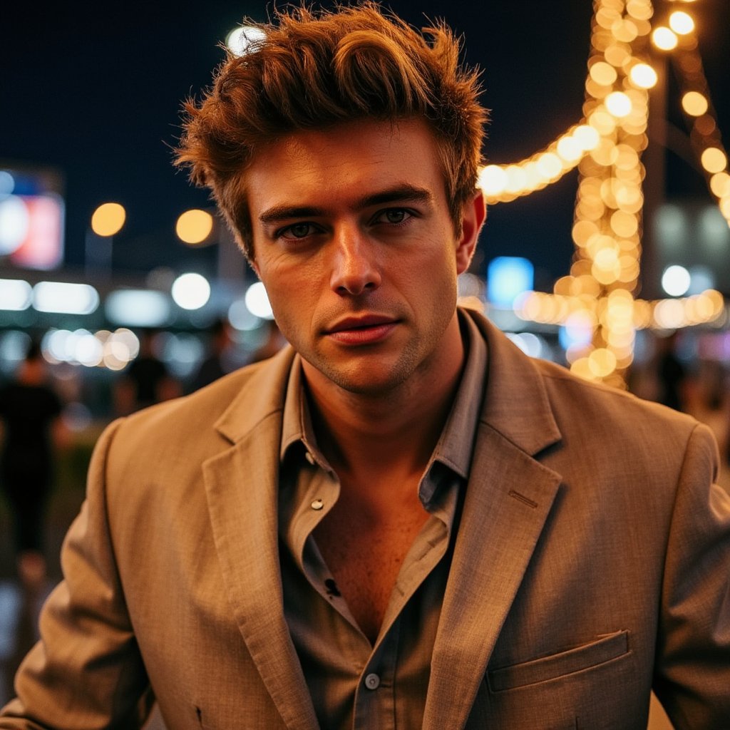 Highly detailed, highly realistic waist-up lifestyle portrait of a man, aspirational New Year night energy, relaxed confident posture. Contemporary evening outfit with visible stitching and fabric grain. Hair styled naturally. Warm ambient lighting from celebration lights around, subtle highlights on face. Background features distant city glow and soft celebratory illumination. Camera slightly angled for dynamic composition. HDR, ultra realistic, cinematic New Year feel.