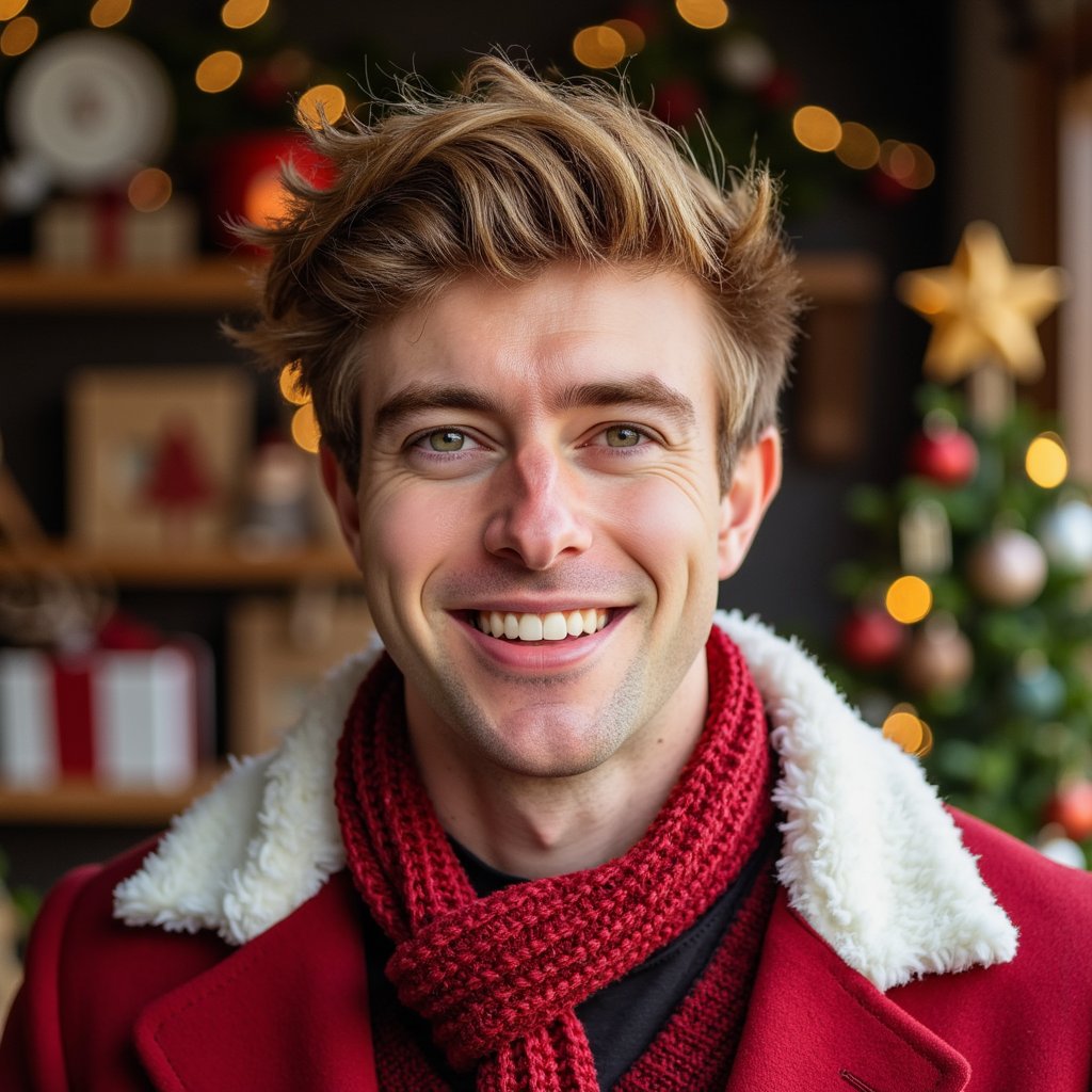 Waist-up portrait of a man in a playful Santa-inspired character look, standing slightly turned to the camera with a cheerful but calm expression (no motion). He wears a rich red coat-style sweater with white faux-fur trim on the collar, and a deep-red knit scarf layered neatly; fabric textures highly visible. Hair: slightly messy waves; light beard groomed for a festive look.
Lighting: warm Santa-workshop–style lighting—key light from the left giving soft highlights and a warm glow, subtle golden rim light adding definition.
Background: blurred holiday workshop touches—tiny warm lights, wood textures, soft greens and reds; clean composition, controlled bokeh.
Camera: 50mm f/1.6; highly realistic, highly detailed, HDR, showing fur edges, scarf stitching, and natural skin texture.