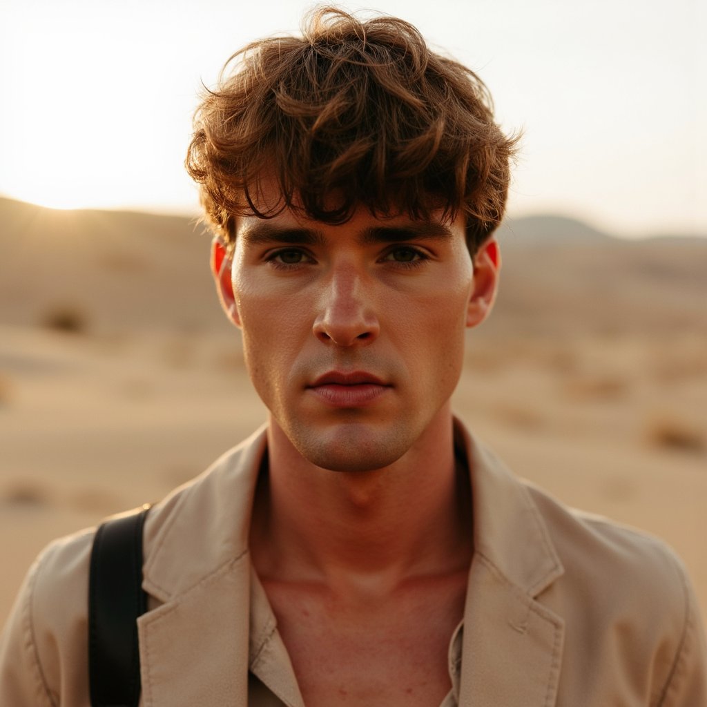 A cinematic portrait of a man (early 30s) in a vast desert at sunrise, waist-up framing, camera at eye level with a slight three-quarter turn of the shoulders. He has short textured hair slightly messy from wind, trimmed stubble, realistic sunlit skin with fine pores and subtle dryness near lips, focused expression with squint from light. Wardrobe: sand-colored linen shirt partially unbuttoned, fabric weave clearly visible, light wrinkles, a thin leather strap across shoulder. Lighting: golden sunrise key light from low horizon, soft shadows across cheekbones, gentle fill bounced from sand, faint dust particles in the air catching light. Background: smooth dunes with soft leading lines, distant ridge slightly blurred, clean sky gradient, no objects. Camera: 50mm lens, f/2.2, moderate depth of field, crisp face, gentle background blur, cinematic contrast. Highly detailed, highly realistic, HDR quality, cinematic realism, minimal clutter, subtle filmic tones.