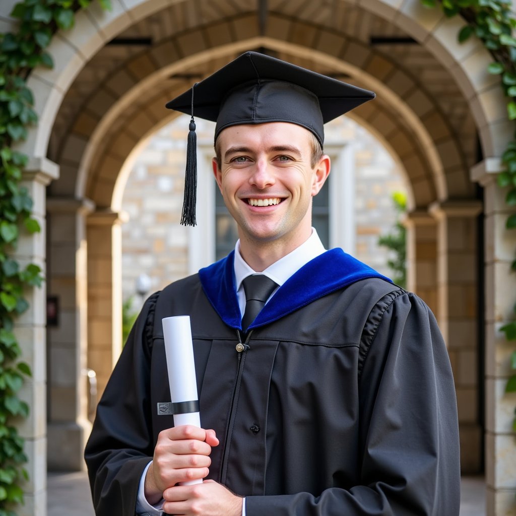Head-and-shoulders formal image of a man graduate centered beneath a stone archway; calm, direct gaze; black gown with royal blue velvet hood edge (if desired, keep hood draped neatly), mortarboard level; short fade haircut, clean-shaven; camera straight-on, slight three-quarter shoulder turn; 85mm lens, f/1.8, ISO 100; lighting: large diffused key from the front-right and subtle kicker from back-left to separate from background; the archway and ivy softly out of focus, neutral tones; cloth realism: velvet pile on hood edge, creased sleeve folds, metallic cap button; minimal clutter, restrained palette, crisp micro-contrast on eyes and lashes, highly detailed, highly realistic, HDR.