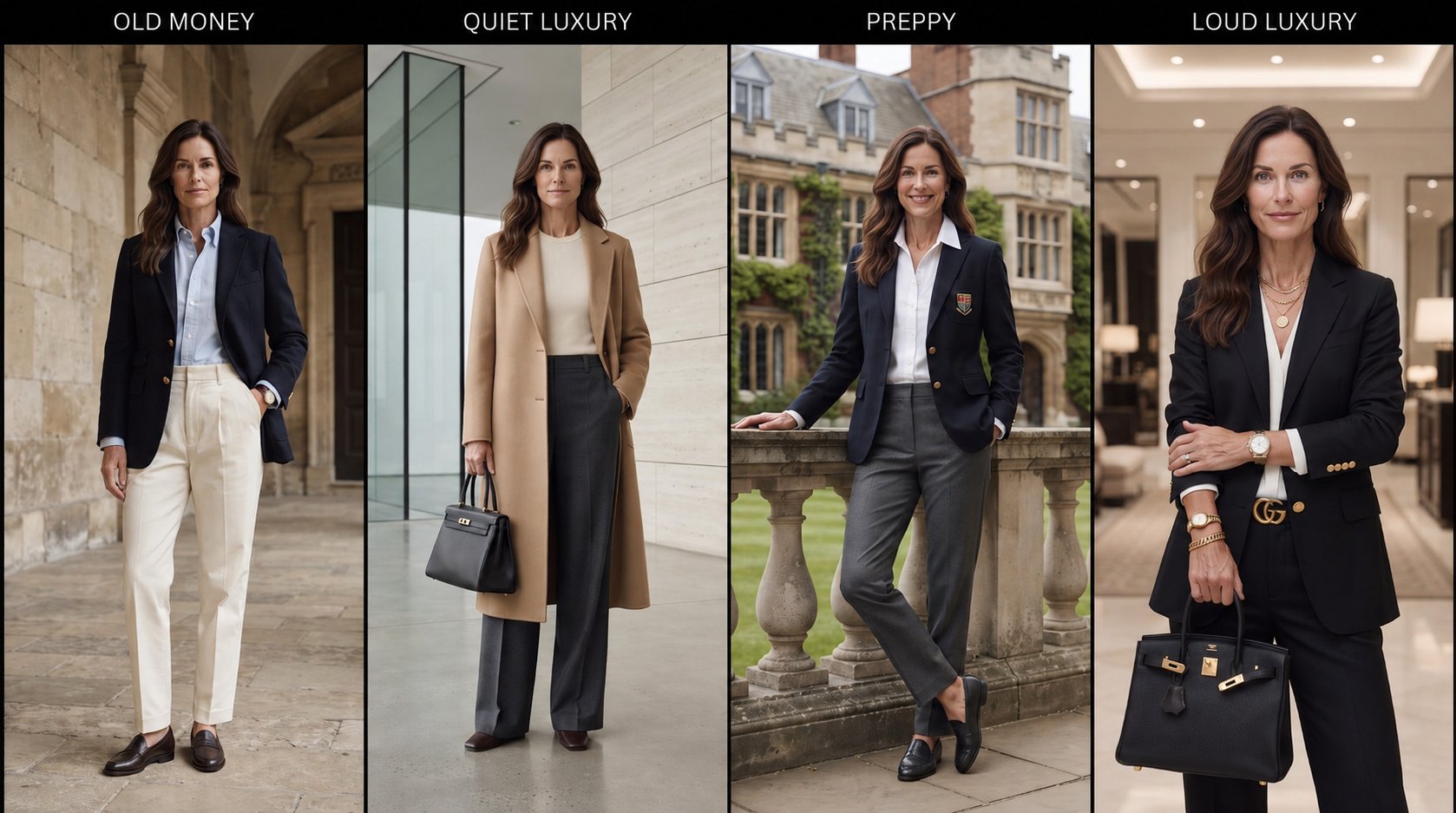 Same outfit styled to show old money, quiet luxury, preppy, and loud luxury differences