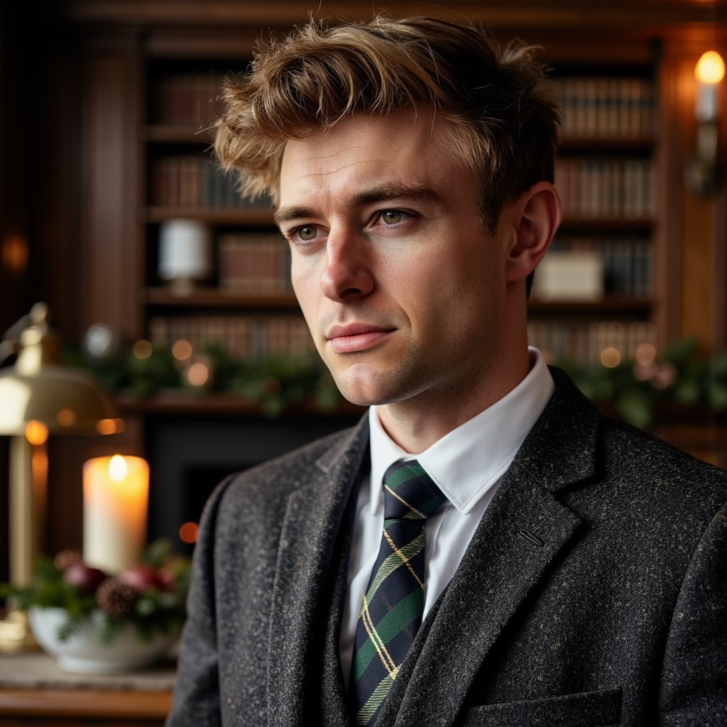 Close-up portrait of a man in an oak-paneled library, ambient light from a brass desk lamp. Hairstyle: side-part, soft wave; clean-shaven. Attire: dark tweed blazer, crisp white shirt, tartan tie. Fabric details: visible herringbone texture, tie weave, cotton thread. Camera: eye-level, 85mm, f/1.6 for gentle blur. Lighting: single tungsten lamp key + low ambient fill. Background: blurred shelves of books, muted garland with pinecones, brass lamp glow. Pose: neutral, composed, looking slightly away. Render: highly detailed, highly realistic, HDR; lifelike reflections in eyes, detailed fabric fibers, warm tonal contrast.