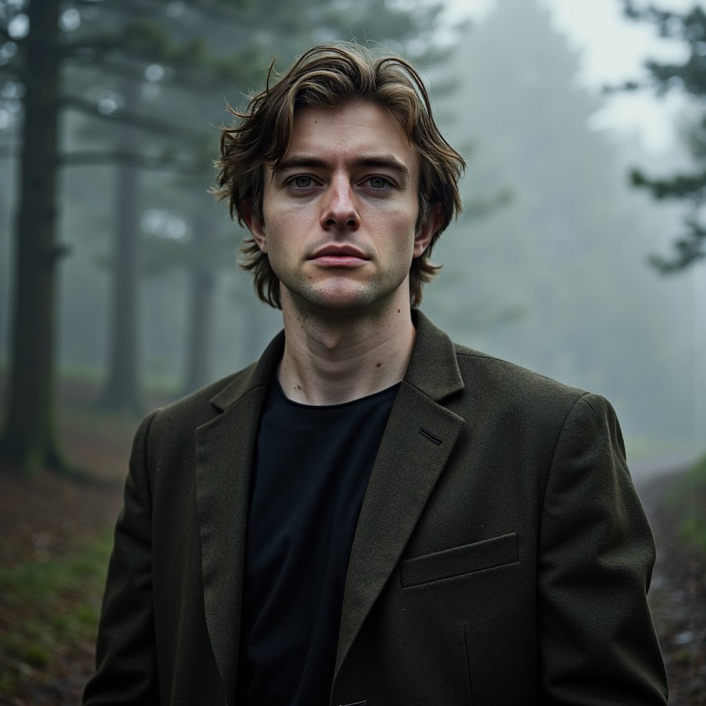 A cinematic atmospheric portrait of a man (late 20s) standing still in a fog-filled forest at dawn, waist-up framing, camera at eye level, subject slightly off-center to the right. Hair: medium-length straight hair, naturally parted, slightly damp from mist. Face: realistic skin texture with visible pores, faint redness around nose from cold air, neutral lips, focused eyes looking directly into the lens. Wardrobe: dark olive wool jacket with heavy fabric texture, subtle lint and creases, inner layer a matte black t-shirt. Lighting: soft diffused ambient fog light from front, strong cool rim light from behind outlining head and shoulders, subtle separation glow through fog. Background: layered tree silhouettes fading into fog, no distinct leaves or branches in focus, extremely clean and uncluttered. Camera: 85mm lens, f/2.5, compressed depth, subject crisp, background smoothly dissolved. Mood: quiet tension, cinematic stillness. Highly detailed, highly realistic, HDR quality, cinematic depth, minimal background clutter.
