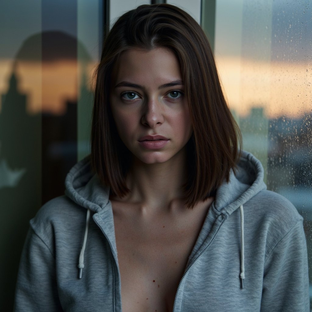A cinematic emotional portrait of a woman (mid 20s) standing behind a rain-streaked window, tight headshot, camera directly facing her at eye level. Hair: straight shoulder-length hair, tucked behind one ear, slightly frizzy at edges. Face: realistic skin texture, faint acne marks, soft under-eye shadows, lips gently pressed, eyes locked onto camera with reflective sadness. Wardrobe: light gray cotton hoodie, soft fabric texture visible at collar and shoulders. Lighting: cool overcast daylight from outside as key, soft interior shadowing, water droplets on glass catching highlights. Background: extremely blurred interior room with no visible objects, focus entirely on face and rain patterns. Camera: 85mm lens, f/1.8, shallow depth, glass texture sharp in places, face crisp. Mood: cinematic loneliness, quiet realism. Highly detailed, highly realistic, HDR quality, cinematic emotional tone, minimal background clutter.