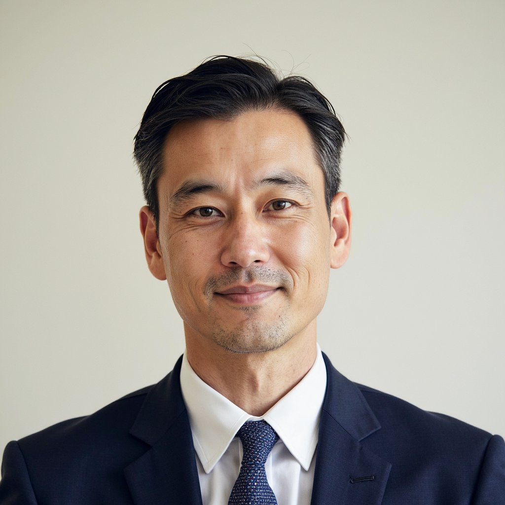 A highly detailed, professional passport photo of a middle-aged man, captured in a close-up shot. He is wearing a well-fitted dark blue suit, with a white dress shirt underneath, and a subtle, patterned tie. The lighting is soft and evenly diffused to create a smooth, flattering look on the skin. The background is a solid, neutral off-white color, with a very subtle gradient effect, maintaining a clean, minimalistic aesthetic. The subject has short, neatly combed black hair with slight graying at the temples, and a clean-shaven face. The camera angle is straight at eye level, with the subject’s head slightly tilted upwards, creating a confident yet neutral expression. The background has a very slight blur to maintain focus on the subject, with no distractions. The image is captured in HDR to capture every minute detail of the face and fabric texture.