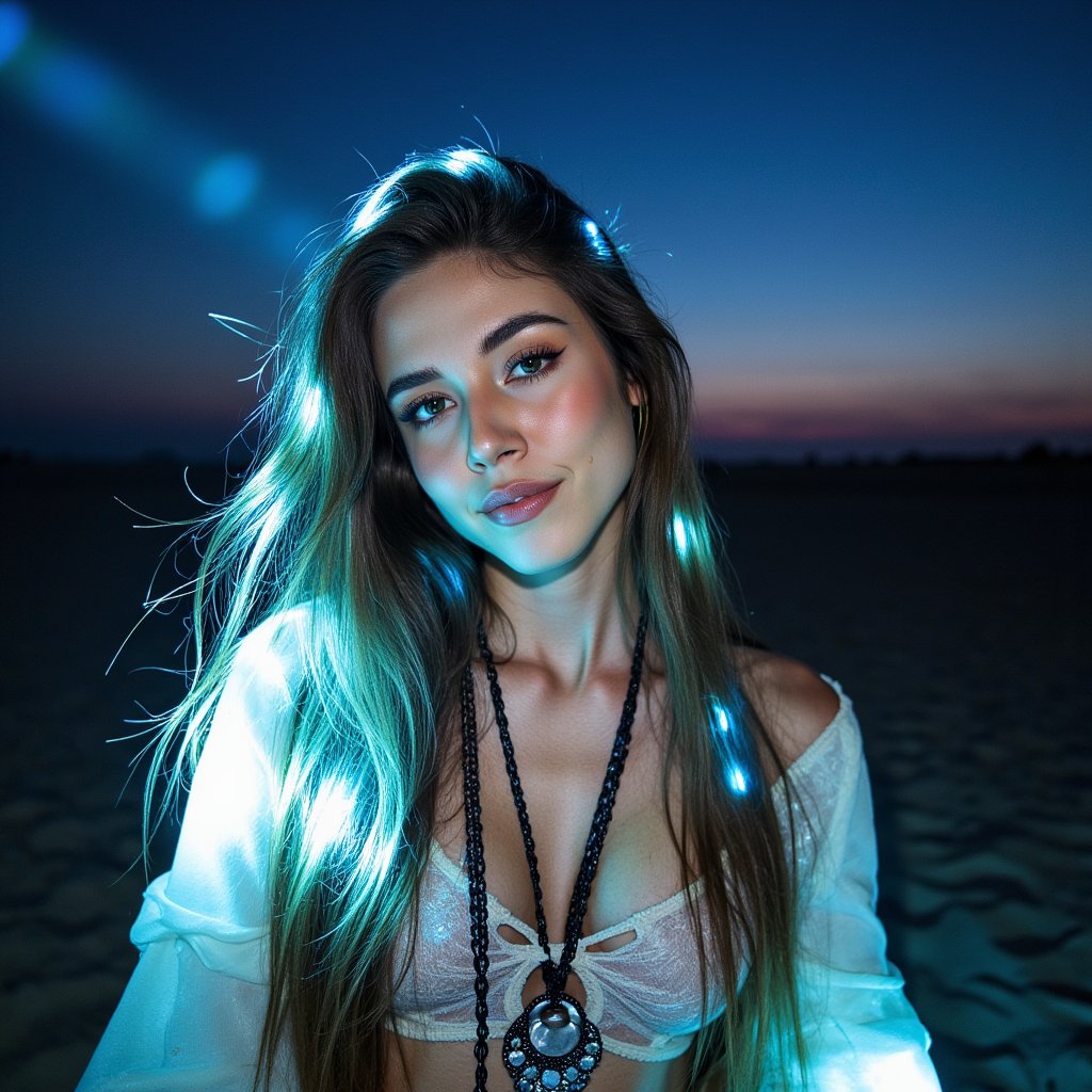Portrait of a woman wearing luminous fiber-optic strands in her hair, glowing softly at dusk in the open desert, layered bohemian outfit, Burning Man vibe”