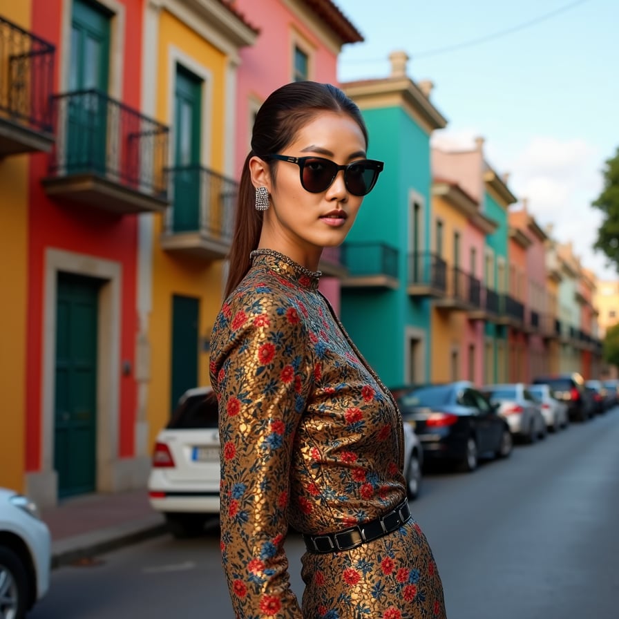 woman amidst bustling city life, wearing trendy outfit and statement accessories, against a backdrop of vibrant urban scenery