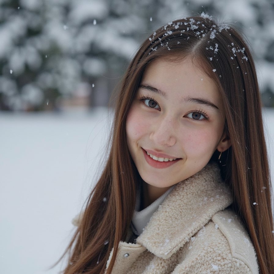girl head-and-thighs portrait outdoors in softly falling snow, playful happy expression, snow settling lightly on her hair and coat, soft rosy winter cheeks, clean blurred snowy background, soft natural winter lighting, premium winter aesthetic, highly detailed, highly realistic, HDR