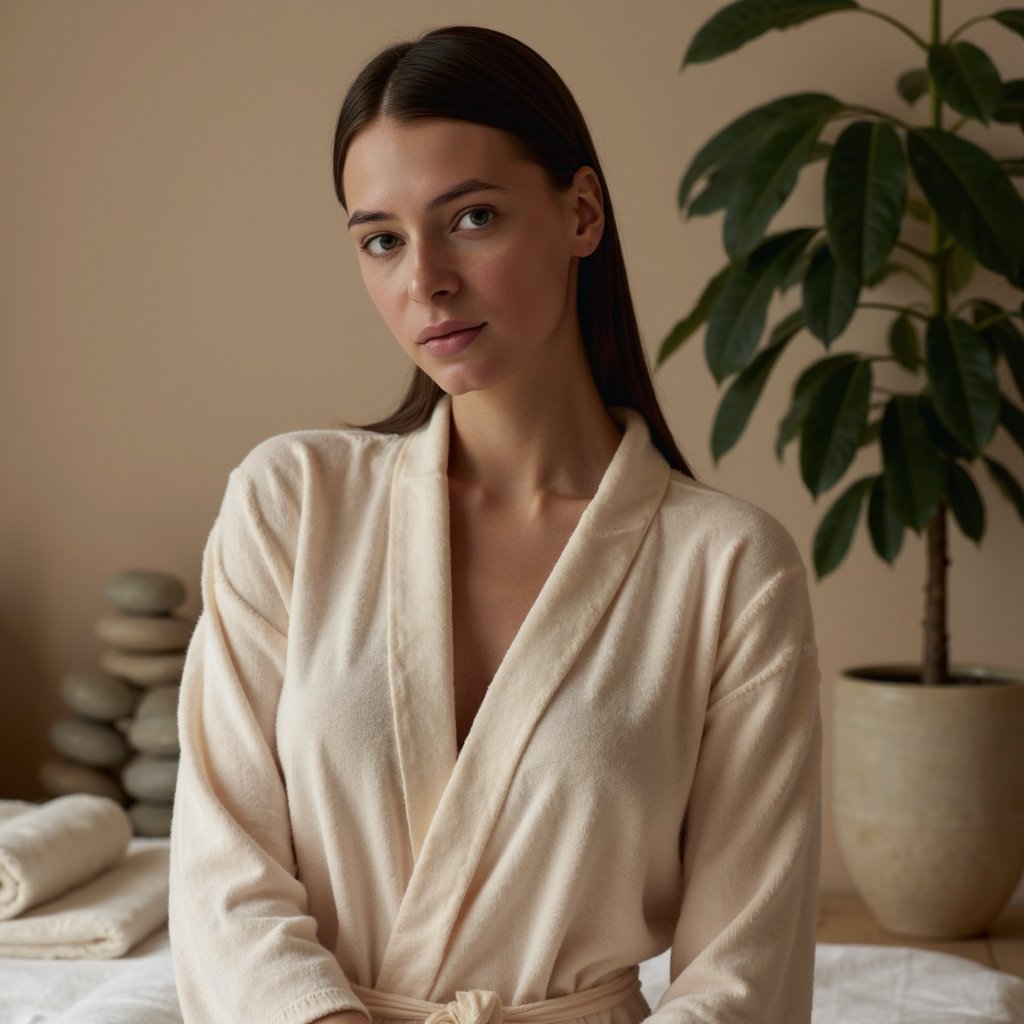 A female subject in a spa environment, captured in a waist-up shot. She is wearing a robe with soft fabric texture. Lighting is gentle and diffused. Background includes plants and stone elements softly blurred. Composition is calm and serene, highly detailed, highly realistic, HDR quality.